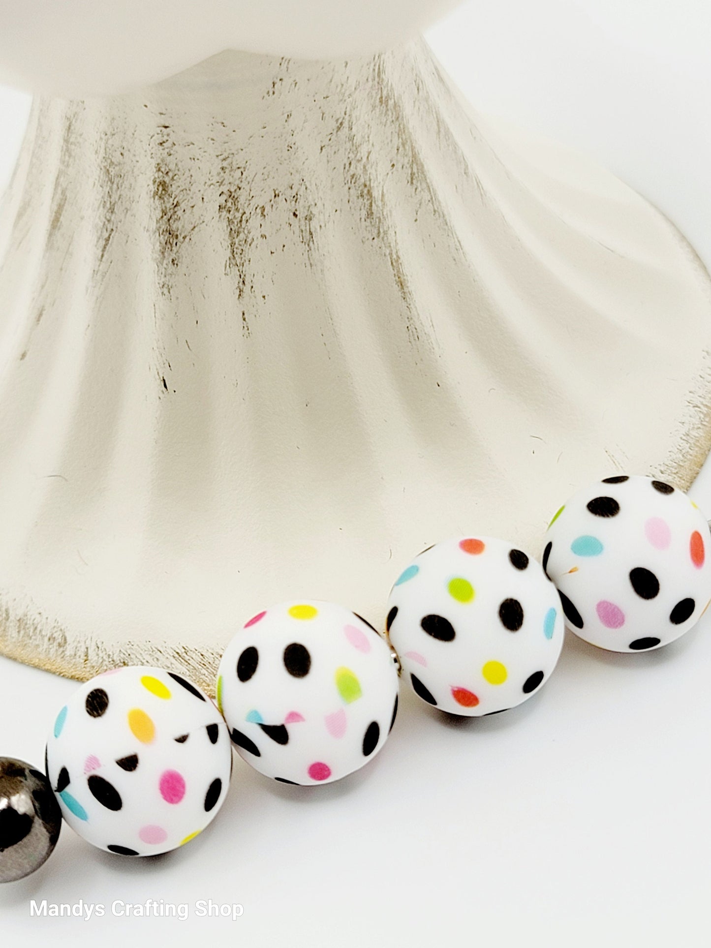 15mm Printed Polka Dot Print Silicone Bead – Rainbow Dot Round Beads for Pens & Wristlets