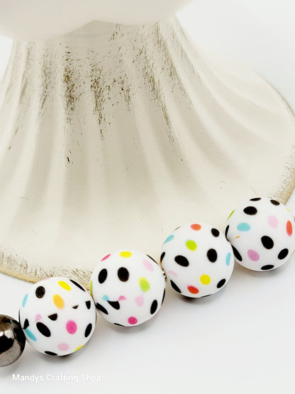 15mm Printed Polka Dot Print Silicone Bead – Rainbow Dot Round Beads for Pens & Wristlets