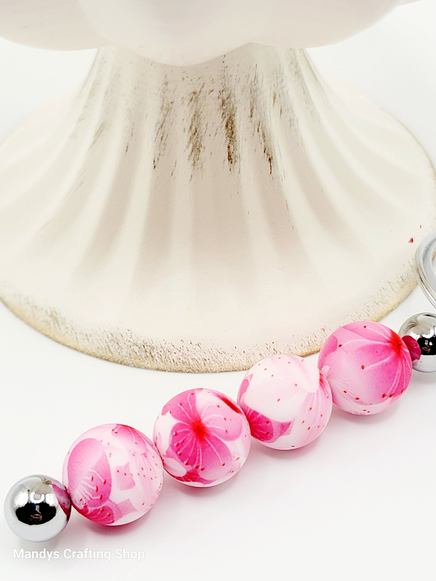 15mm Printed Pink Sakura Flower Print Silicone Bead – Pink Floral Round Beads for Pens & Wristlets