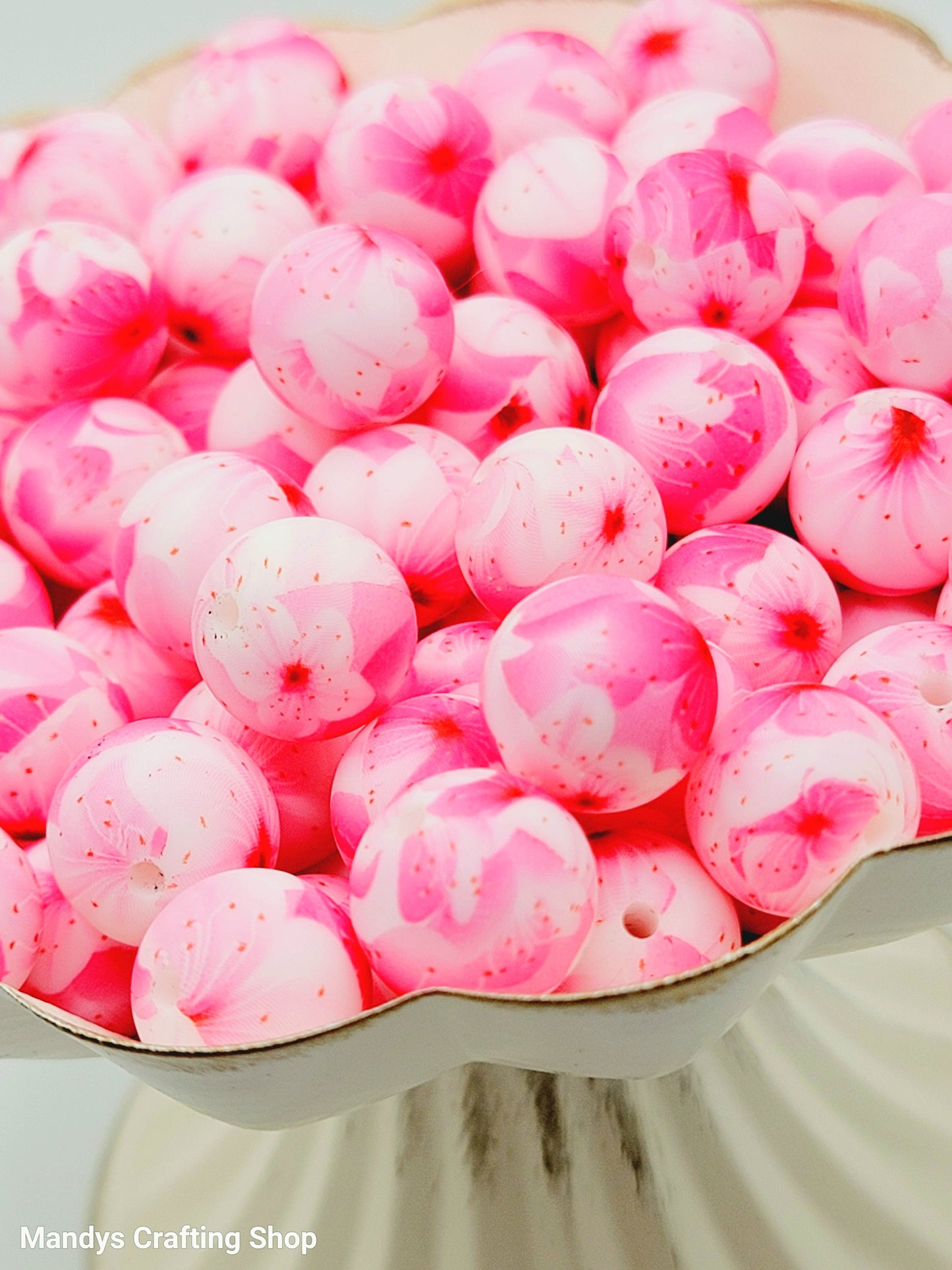 15mm Printed Pink Sakura Flower Print Silicone Bead – Pink Floral Round Beads for Pens & Wristlets