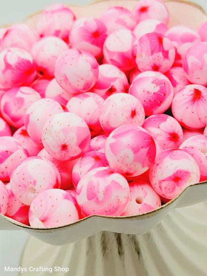 15mm Printed Pink Sakura Flower Print Silicone Bead – Pink Floral Round Beads for Pens & Wristlets