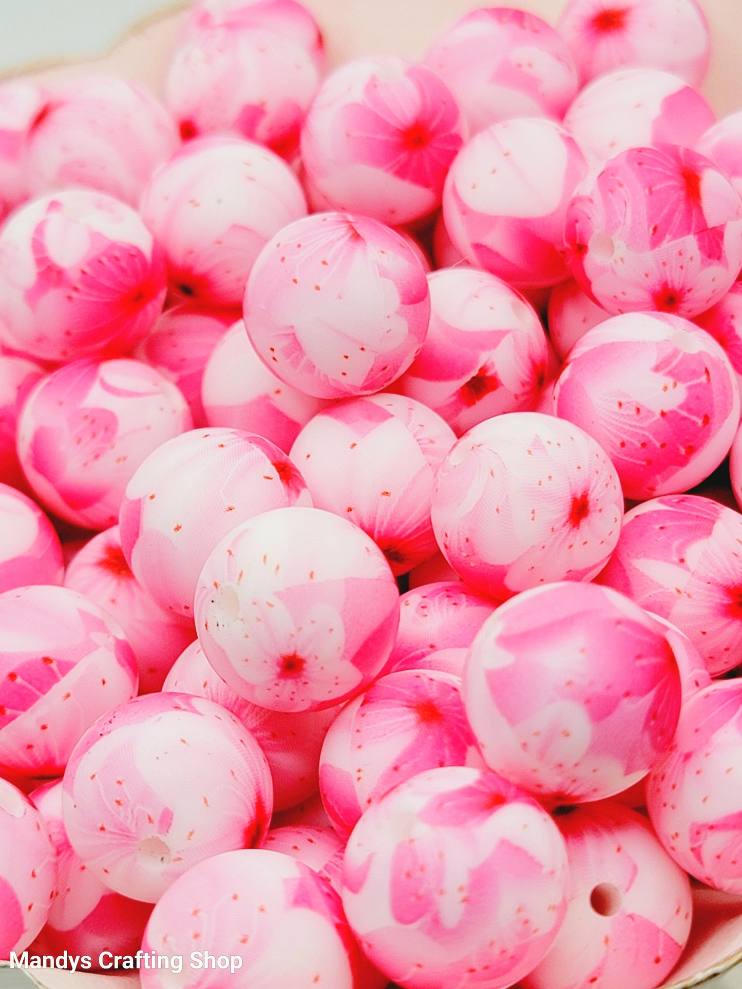15mm Printed Pink Sakura Flower Print Silicone Bead – Pink Floral Round Beads for Pens & Wristlets