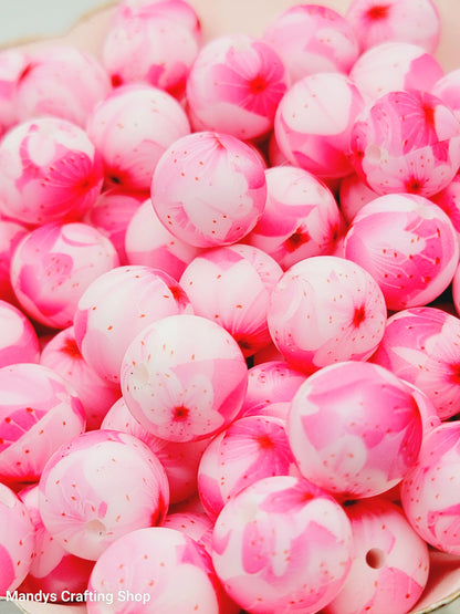 15mm Printed Pink Sakura Flower Print Silicone Bead – Pink Floral Round Beads for Pens & Wristlets