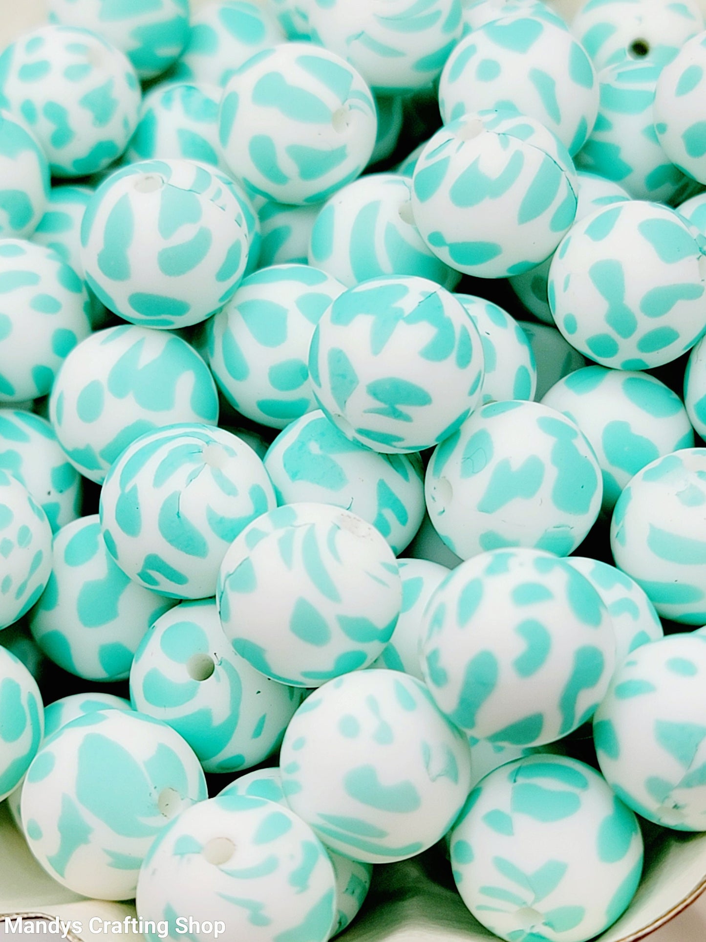 15mm Printed Turquoise Cow Print Silicone Bead –  Round Cow Print Beads for Pens & Wristlets