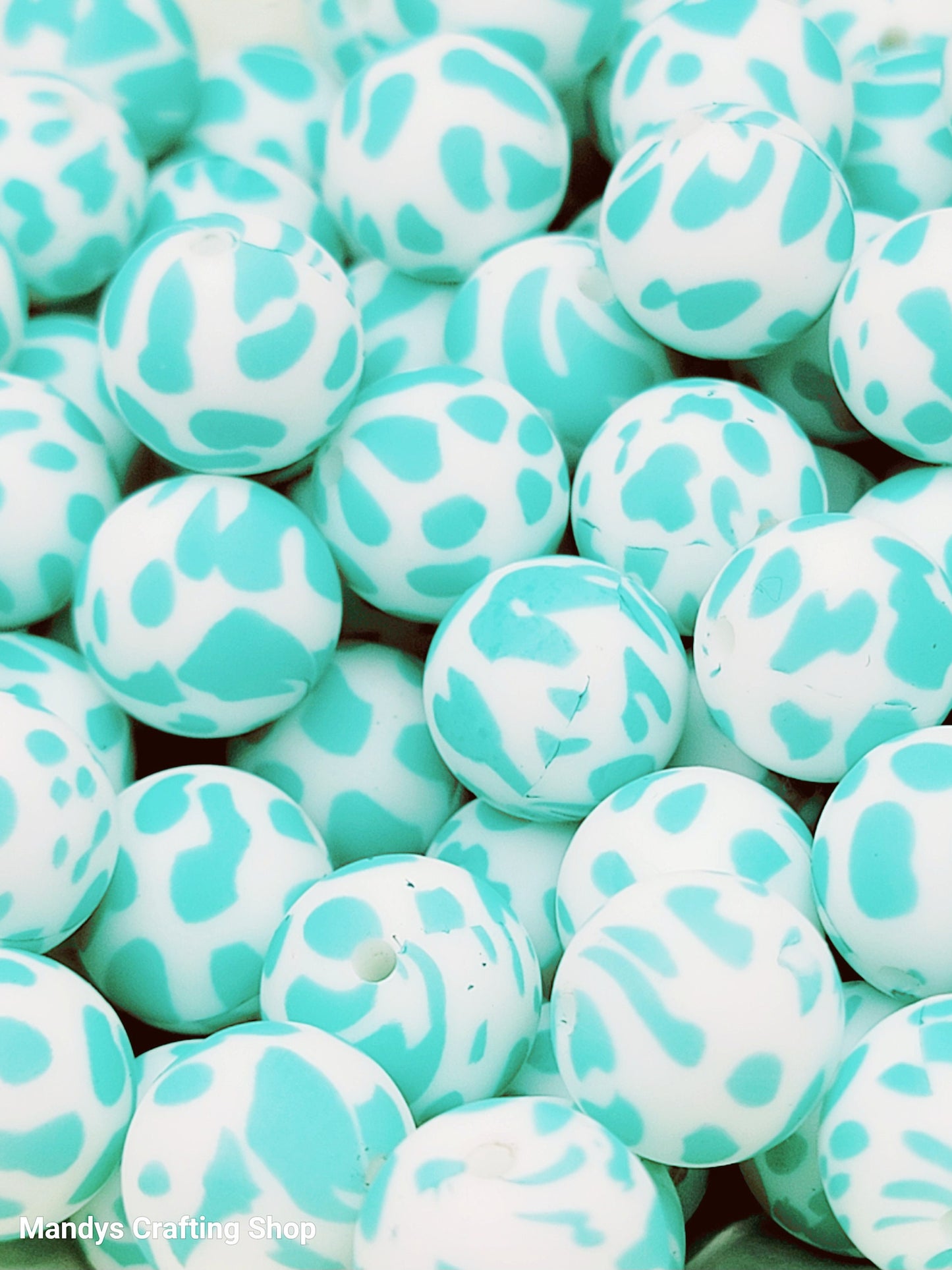 15mm Printed Turquoise Cow Print Silicone Bead –  Round Cow Print Beads for Pens & Wristlets