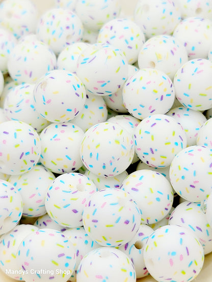 15mm Printed Rainbow Sprinkle Print Silicone Beads – White Round Beads for Pens & Wristlets