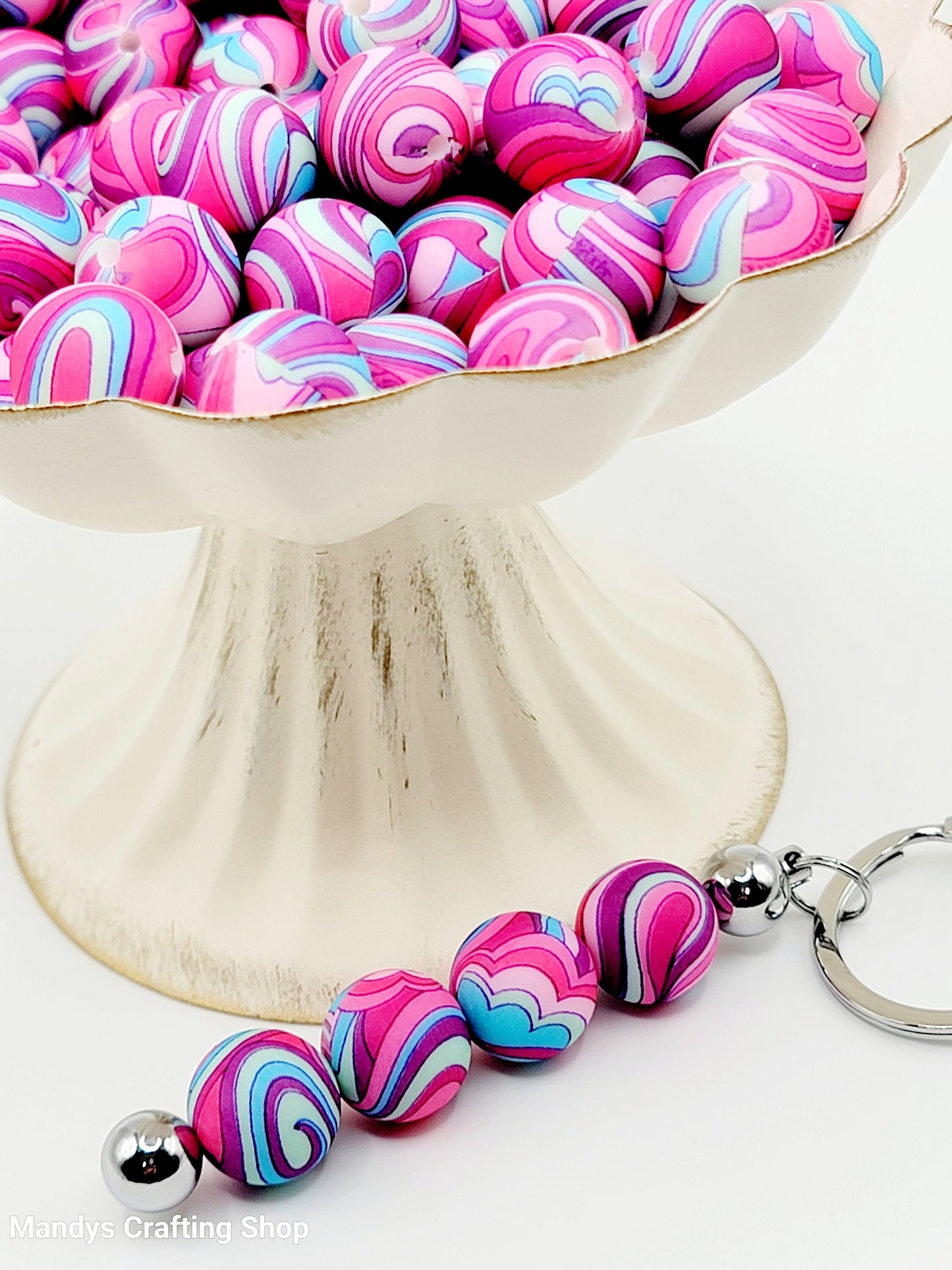 15mm Printed Pink & Purple Groovy Swirl Silicone Bead – Retro Round Beads for Pens & Wristlets
