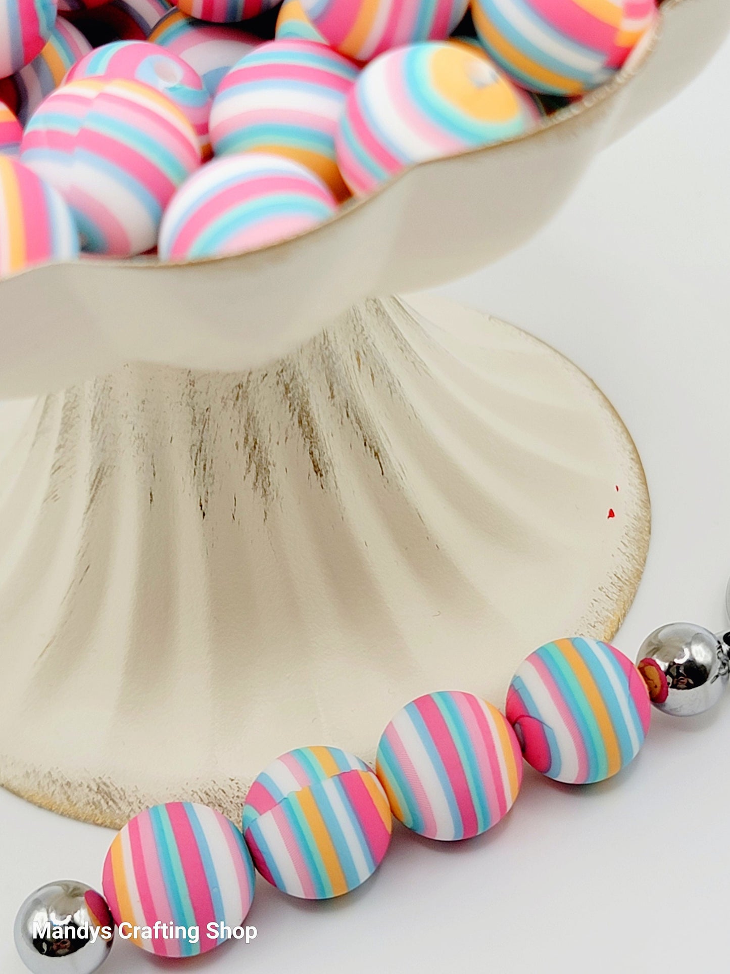 15mm Printed Rainbow Sherbert Stripe Silicone Bead – Round Colorful Beads for Pens & Wristlets