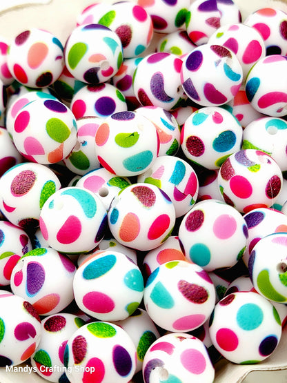15mm Printed Rainbow Large Dot Print Silicone Bead – Pattern Round Beads for Pens & Wristlets