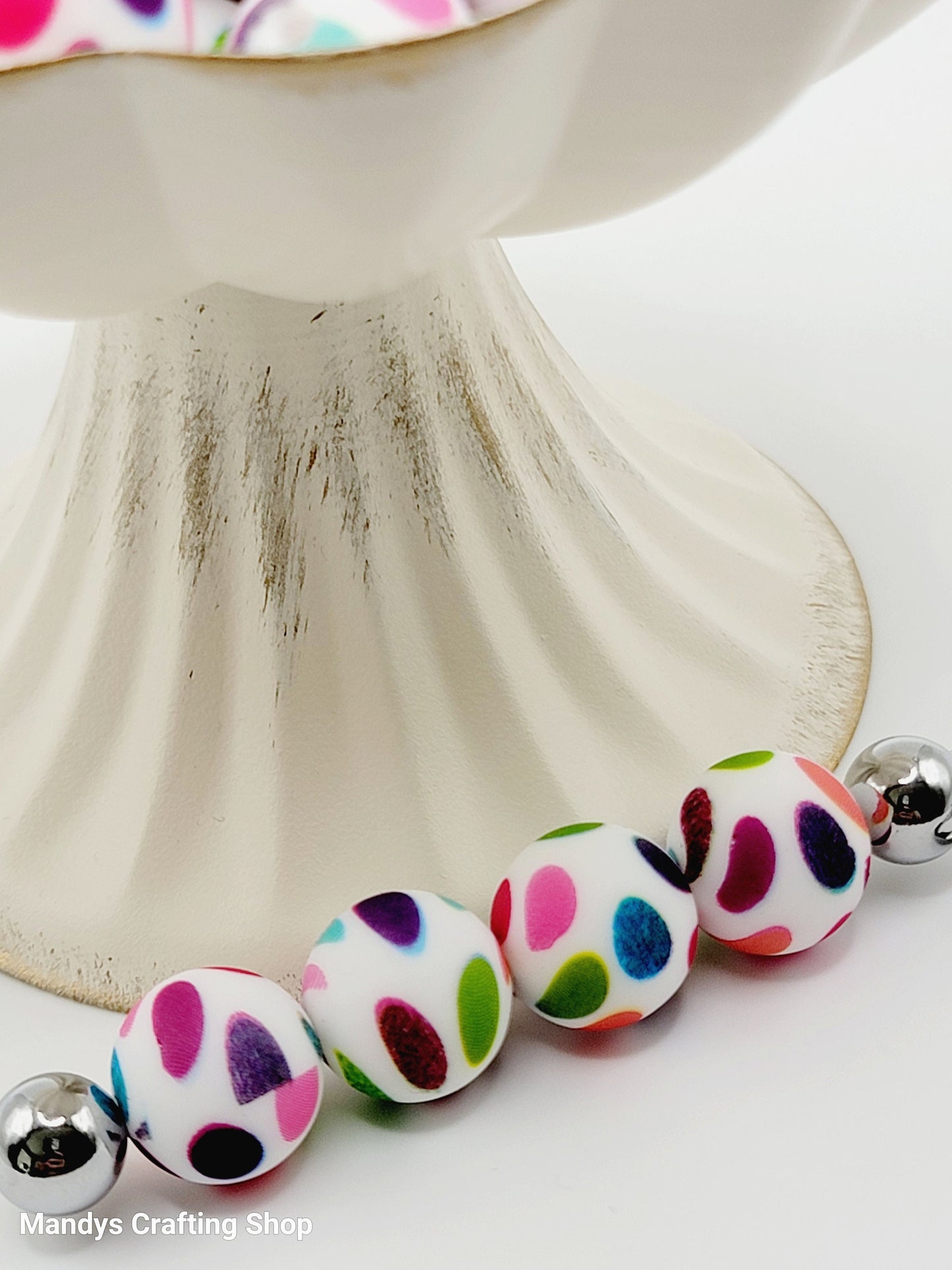 15mm Printed Rainbow Large Dot Print Silicone Bead – Pattern Round Beads for Pens & Wristlets
