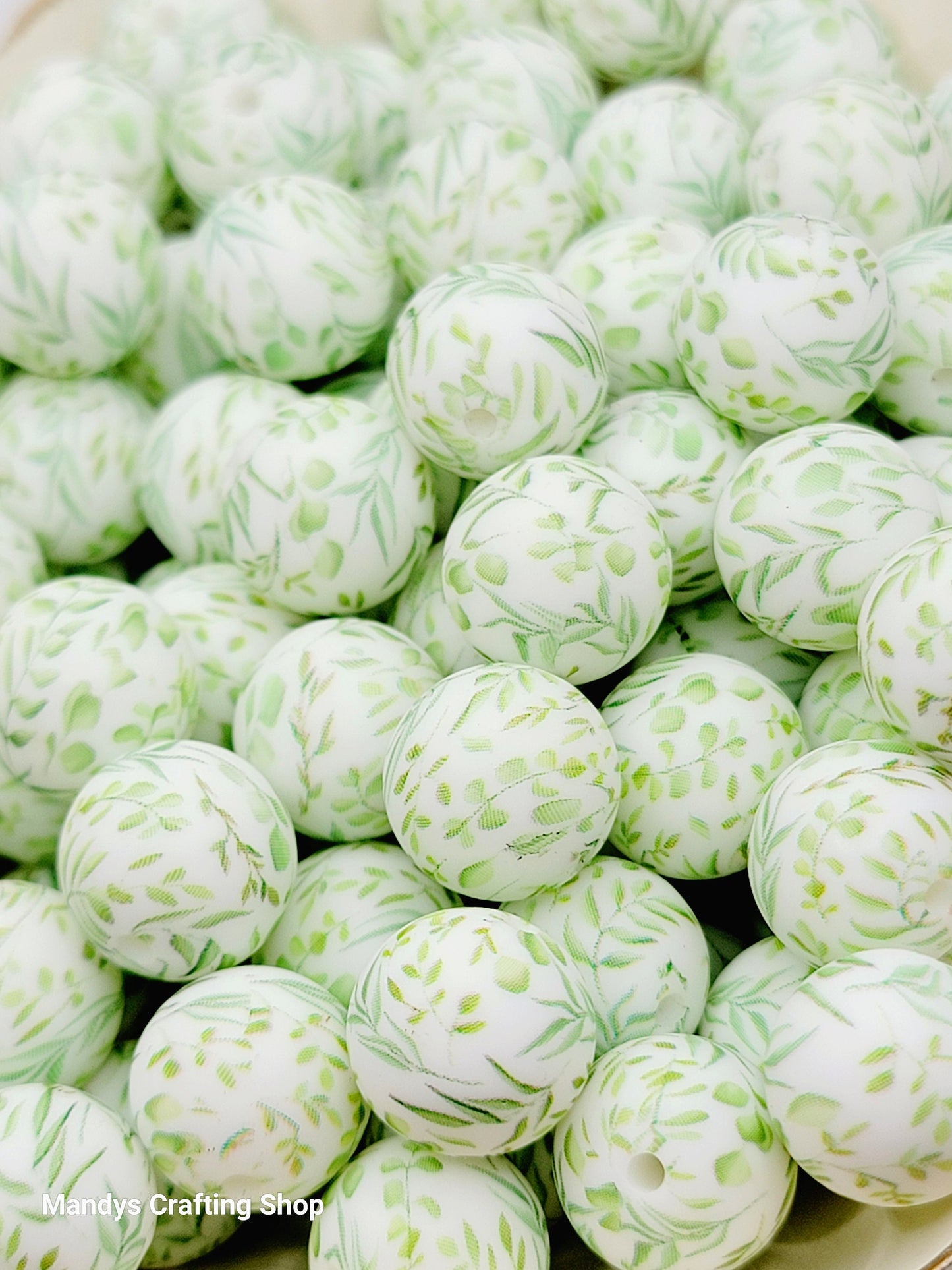 15mm Printed Green Vine Floral Print Silicone Bead – Round Flower Beads for Pens & Wristlets