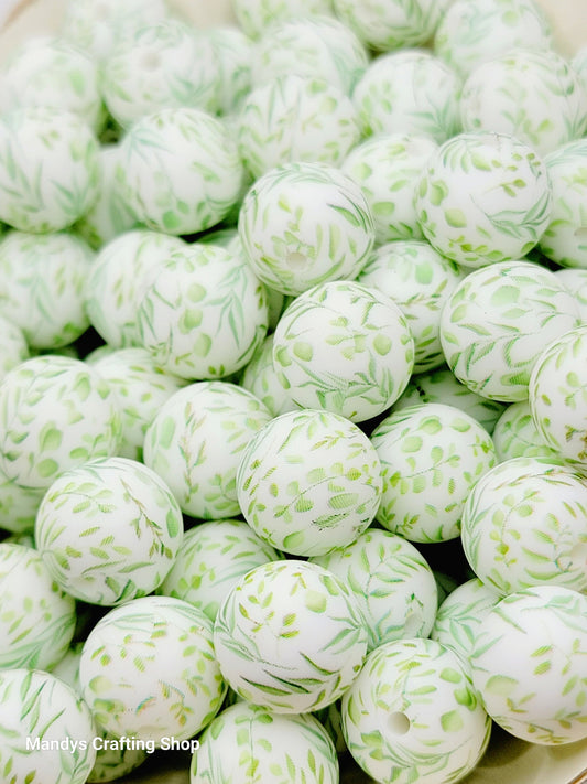 15mm Printed Green Vine Floral Print Silicone Bead – Round Flower Beads for Pens & Wristlets