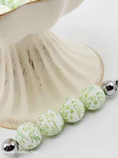 15mm Printed Green Vine Floral Print Silicone Bead – Round Flower Beads for Pens & Wristlets