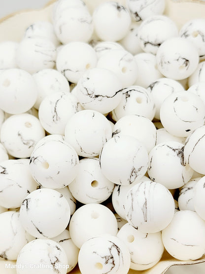 15mm Printed White & Black Marble Swirl Silicone Bead – Print Round Spacer Beads for Pens & Wristlets