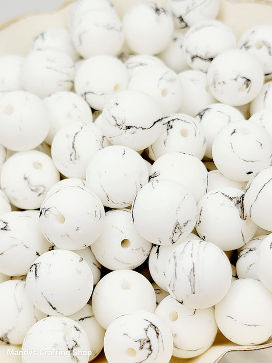 15mm Printed White & Black Marble Swirl Silicone Bead – Print Round Spacer Beads for Pens & Wristlets