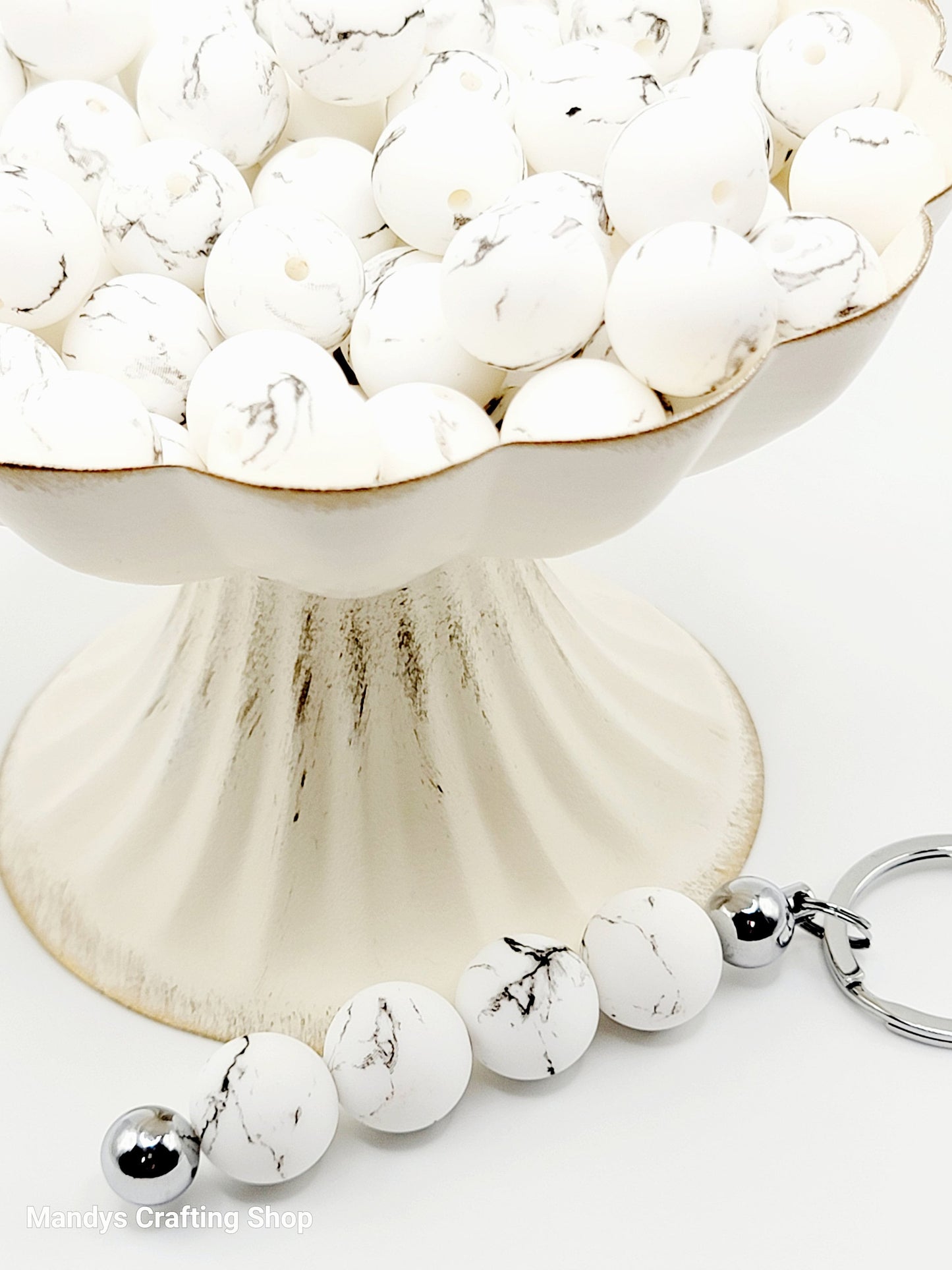 15mm Printed White & Black Marble Swirl Silicone Bead – Print Round Spacer Beads for Pens & Wristlets