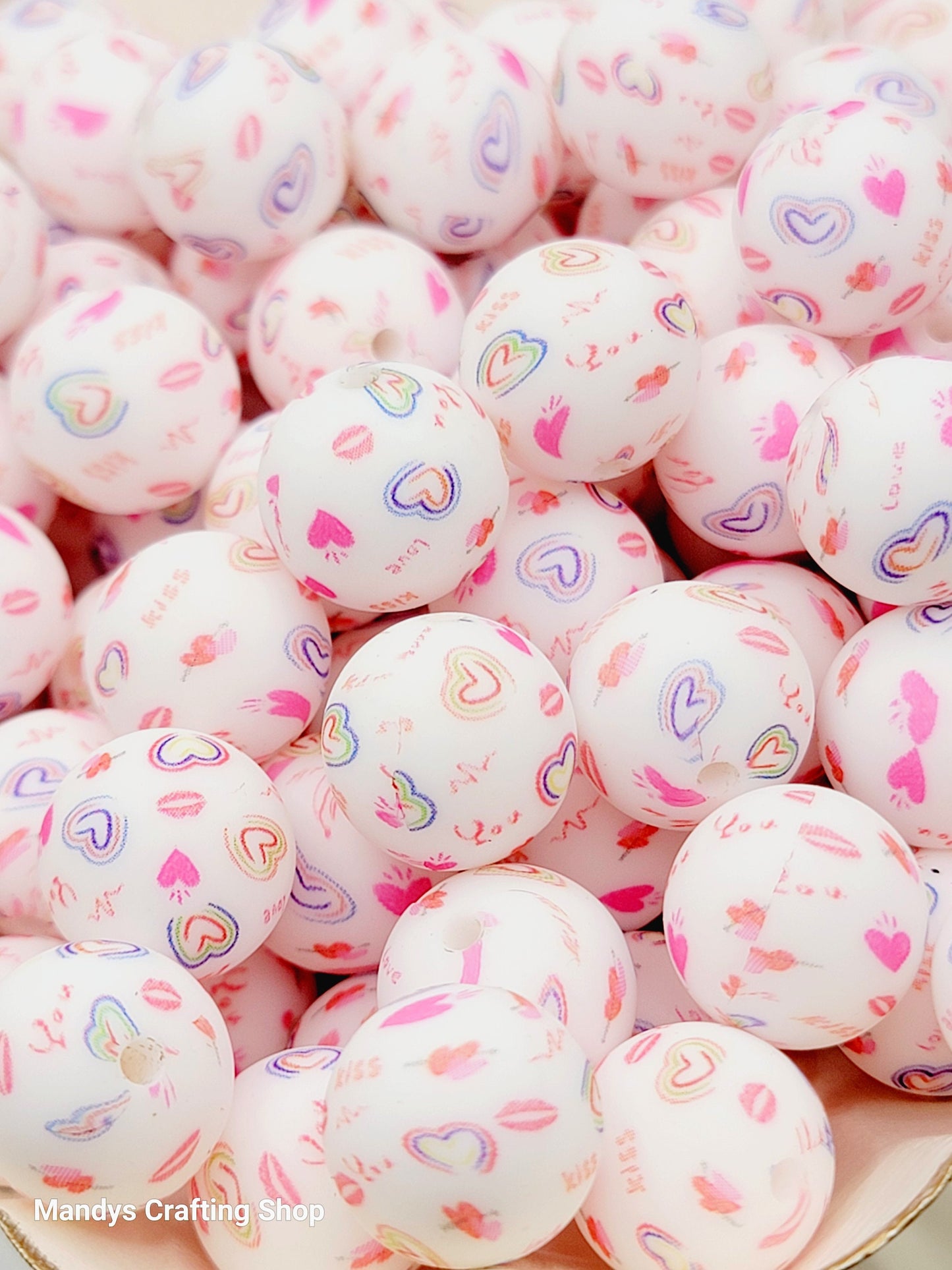 15mm Printed Valentine Love Heart Print Silicone Bead – Round Heart Beads for Pens & Wristlets