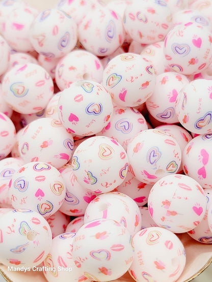15mm Printed Valentine Love Heart Print Silicone Bead – Round Heart Beads for Pens & Wristlets