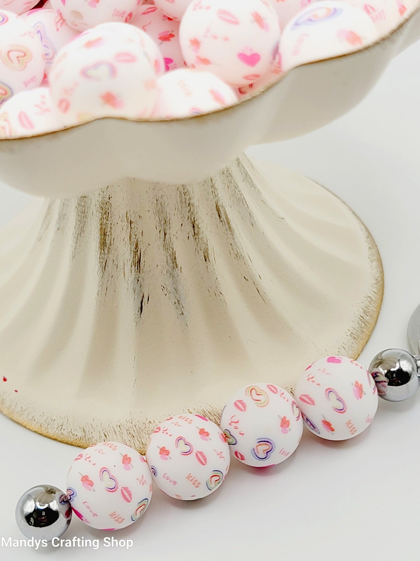 15mm Printed Valentine Love Heart Print Silicone Bead – Round Heart Beads for Pens & Wristlets
