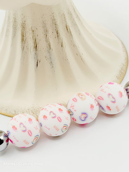 15mm Printed Valentine Love Heart Print Silicone Bead – Round Heart Beads for Pens & Wristlets