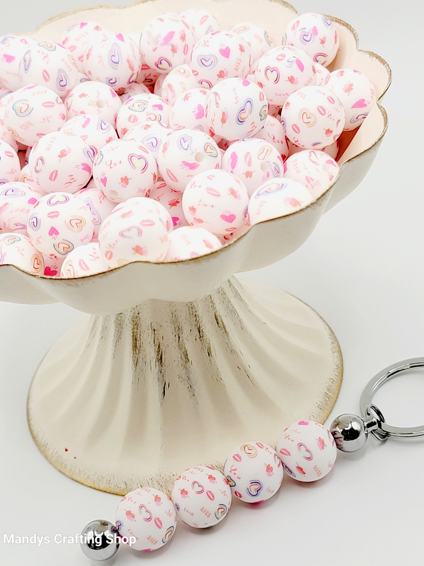 15mm Printed Valentine Love Heart Print Silicone Bead – Round Heart Beads for Pens & Wristlets