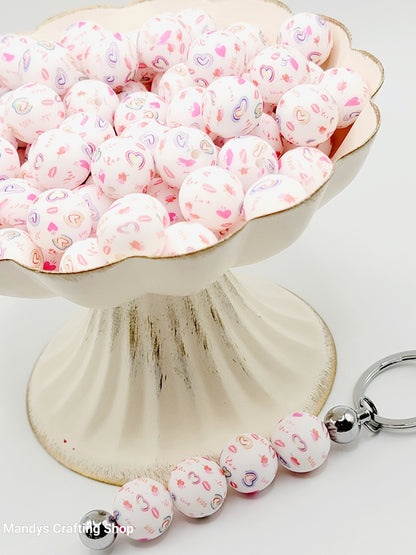15mm Printed Valentine Love Heart Print Silicone Bead – Round Heart Beads for Pens & Wristlets