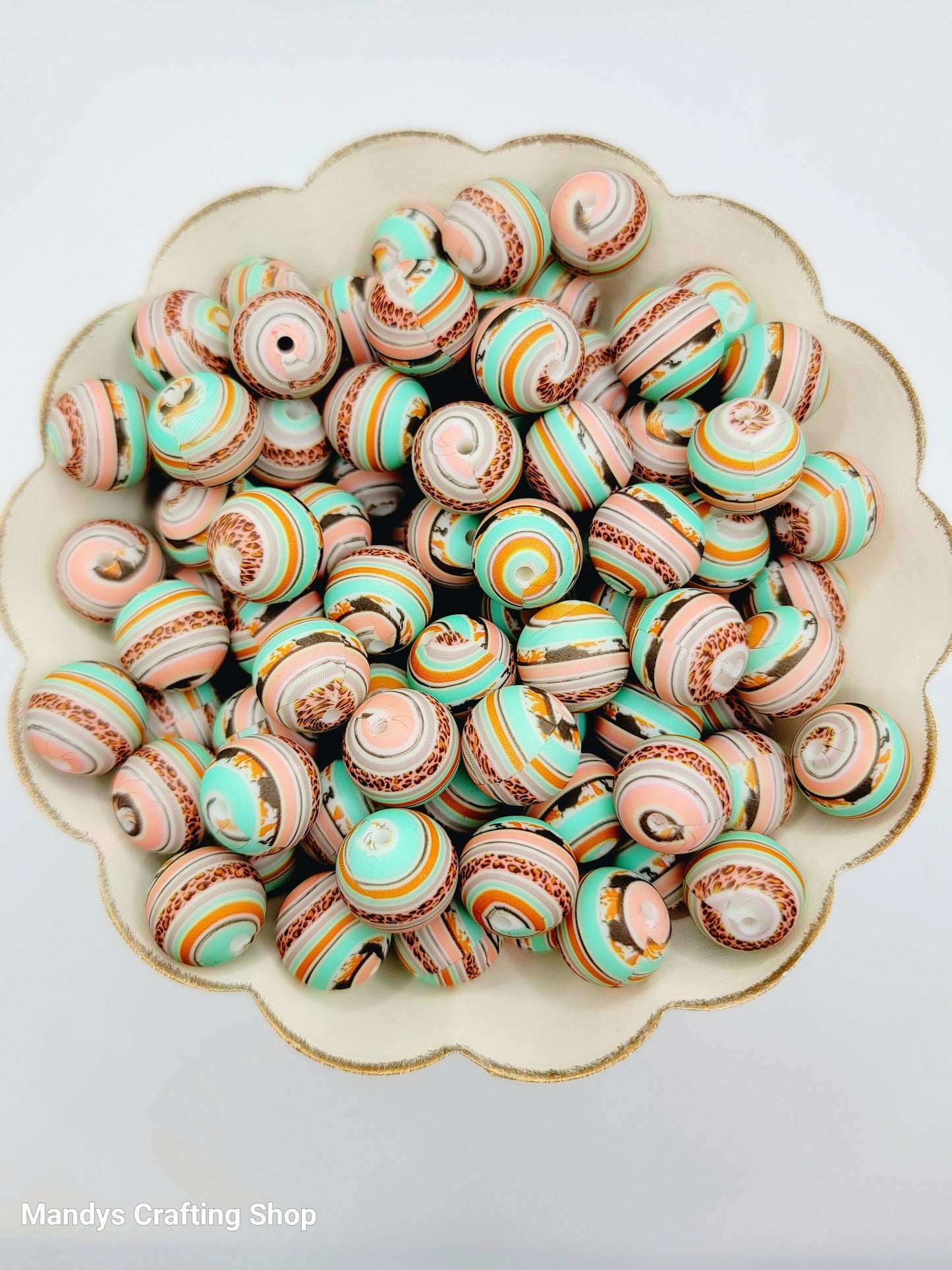 15mm Printed Leopard Turquoise Stripe Silicone Bead – Western Theme Round Spacer Beads for Pens & Wristlets