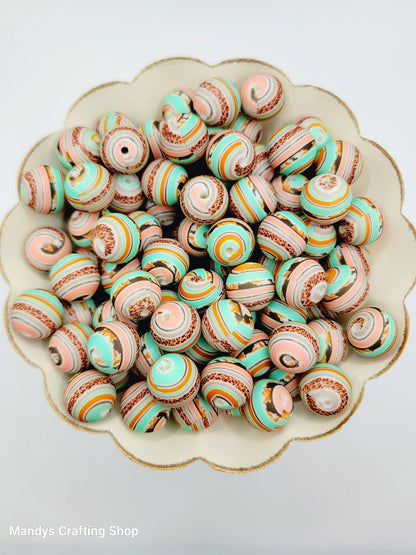15mm Printed Leopard Turquoise Stripe Silicone Bead – Western Theme Round Spacer Beads for Pens & Wristlets