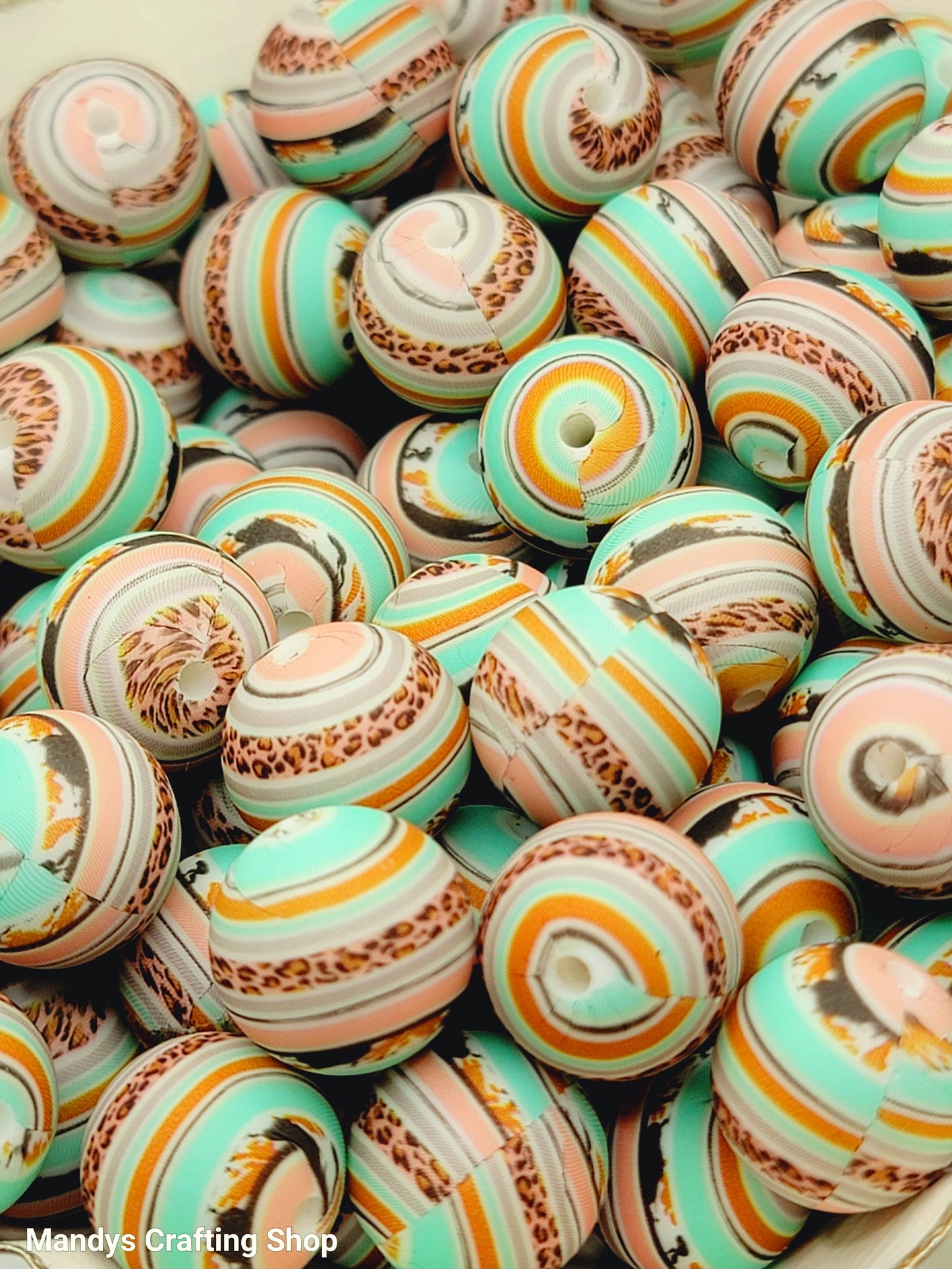 15mm Printed Leopard Turquoise Stripe Silicone Bead – Western Theme Round Spacer Beads for Pens & Wristlets