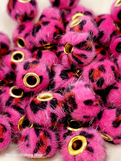 Fuchsia Leopard Print Fuzzy Beads – Furry Pom Pom Spacer Beads for DIY Crafts (Set of 5)