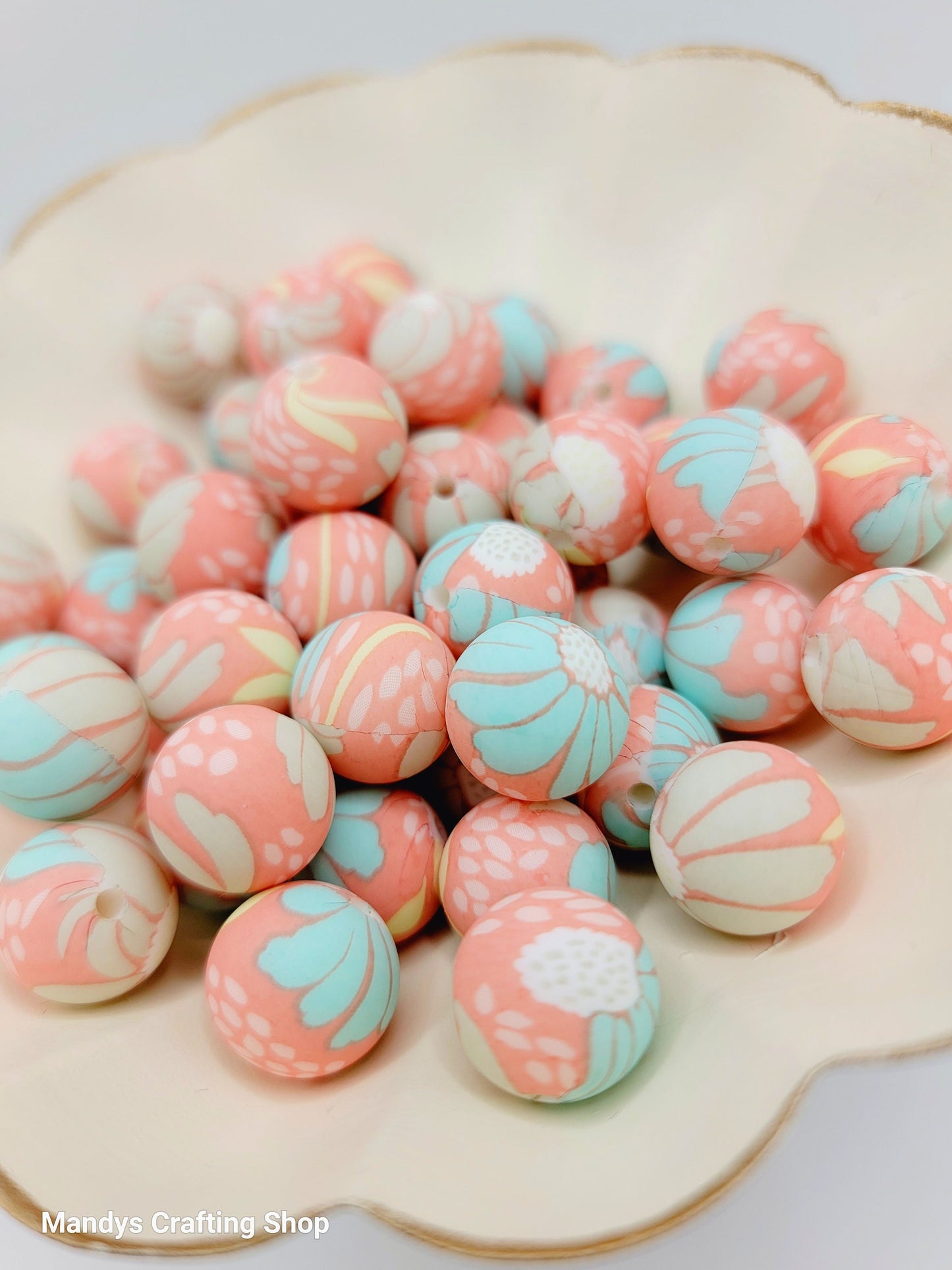 15mm Printed Coral Turquoise Floral Print Silicone Bead – Round Flower Beads for Pens & Wristlets