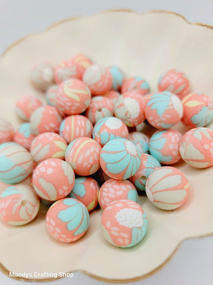 15mm Printed Coral Turquoise Floral Print Silicone Bead – Round Flower Beads for Pens & Wristlets