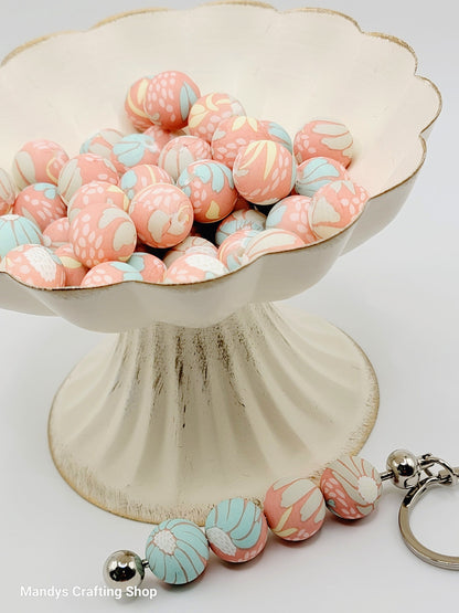 15mm Printed Coral Turquoise Floral Print Silicone Bead – Round Flower Beads for Pens & Wristlets