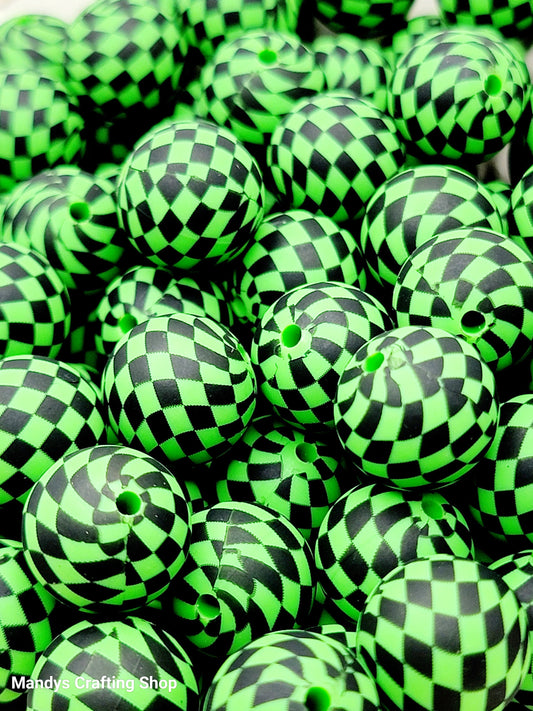 15mm Printed Green & Black Check Silicone Beads – Round Checkered Beads for Pens & Wristlets