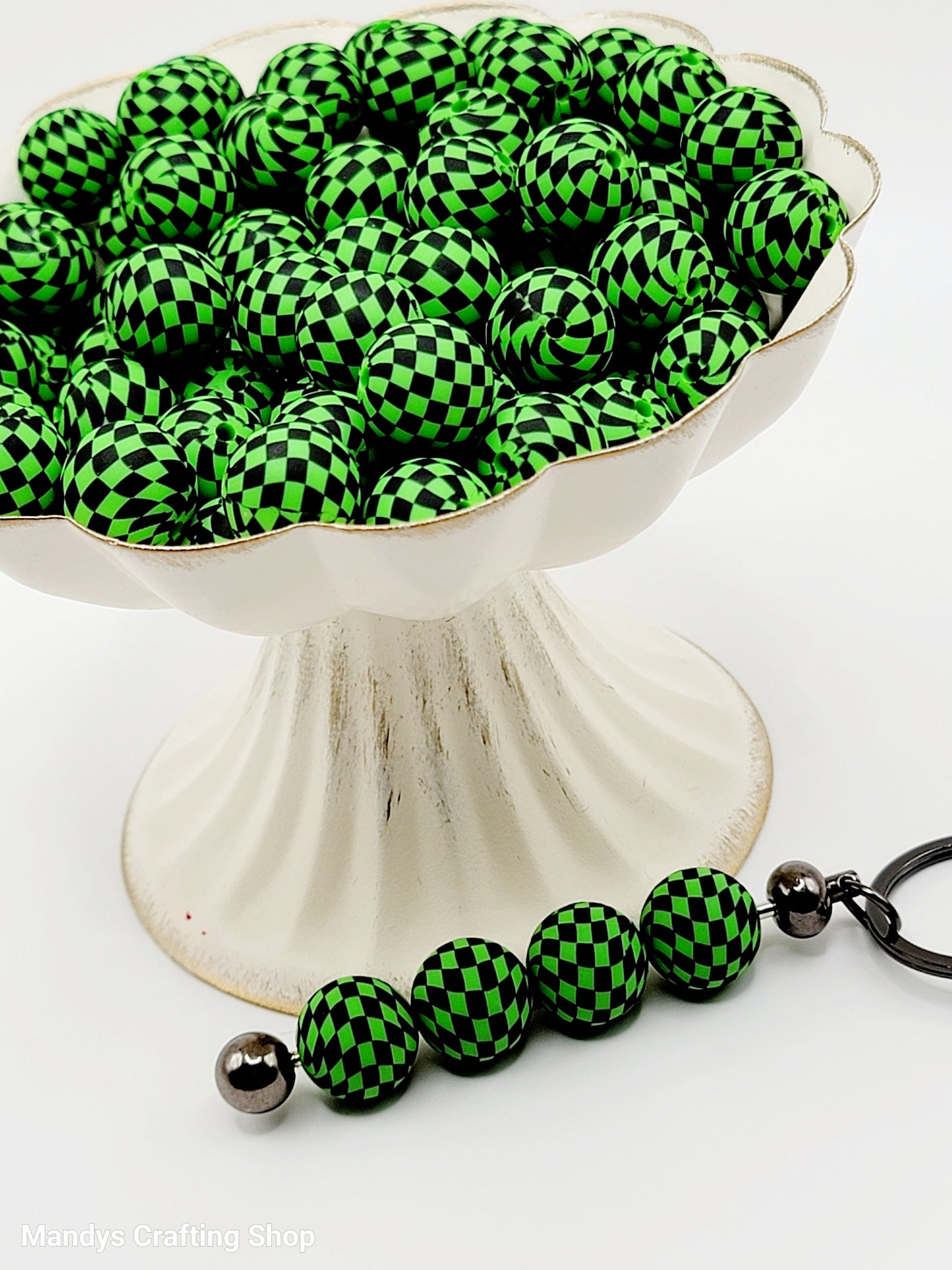 15mm Printed Green & Black Check Silicone Beads – Round Checkered Beads for Pens & Wristlets