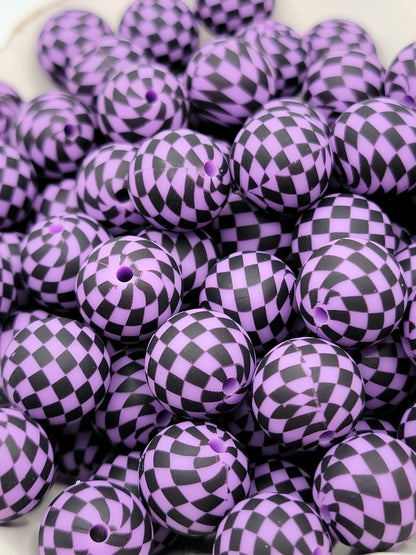 15mm Printed Purple & Black Check Silicone Beads – Checkered Round Beads for Pens & Wristlets