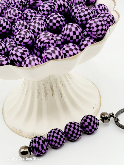 15mm Printed Purple & Black Check Silicone Beads – Checkered Round Beads for Pens & Wristlets