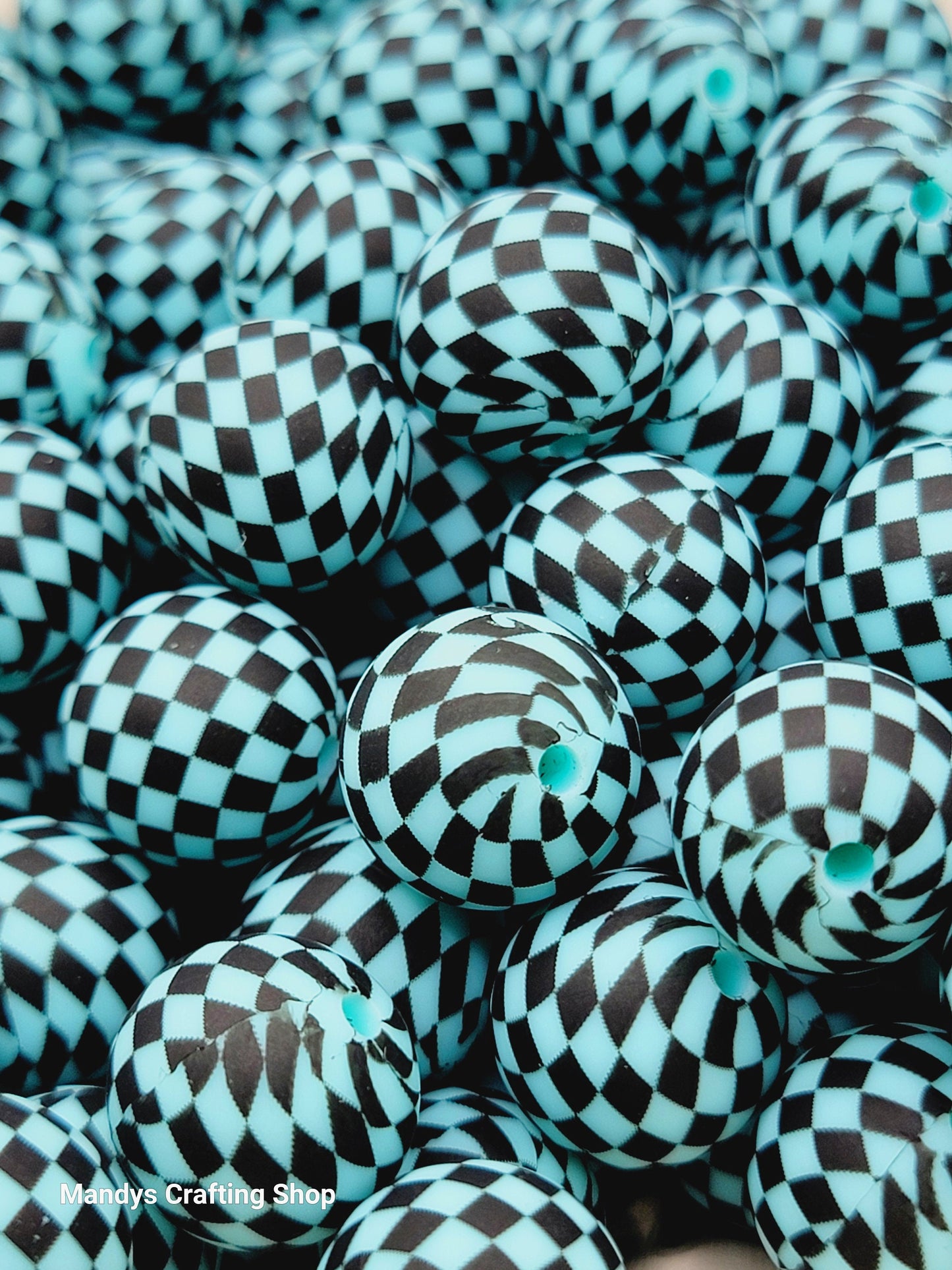 15mm Printed Turquoise & Black Check Silicone Beads – Checkered Round Beads for Pens & Wristlets