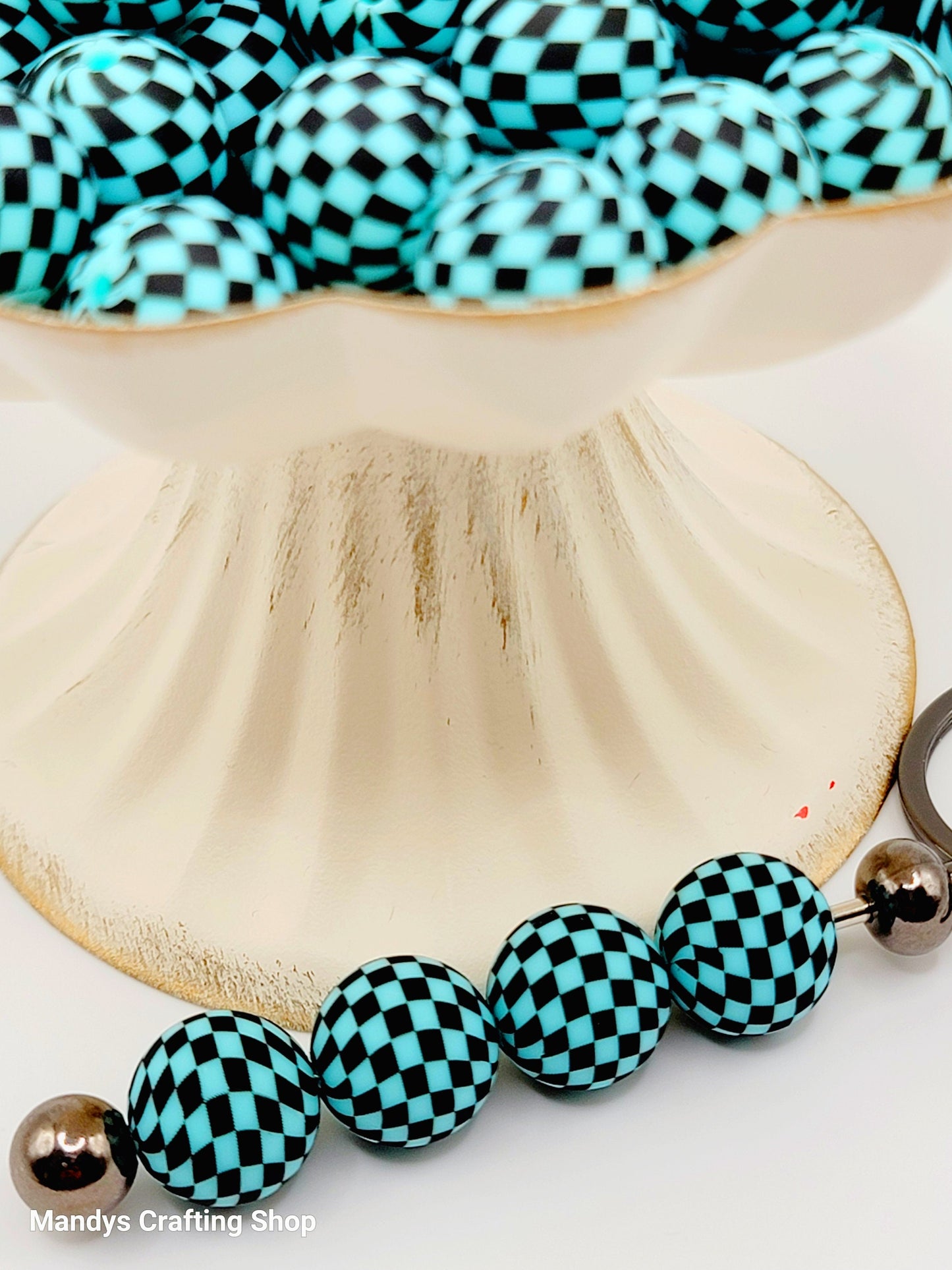 15mm Printed Turquoise & Black Check Silicone Beads – Checkered Round Beads for Pens & Wristlets