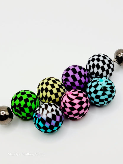 15mm Printed Turquoise, Purple, White & Black Check Silicone Beads – Round Beads for Pens & Wristlets
