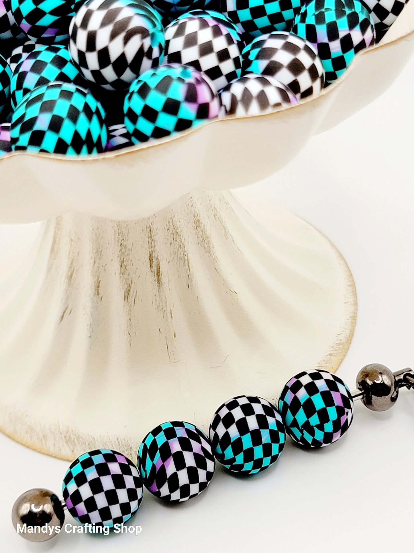 15mm Printed Turquoise, Purple, White & Black Check Silicone Beads – Round Beads for Pens & Wristlets