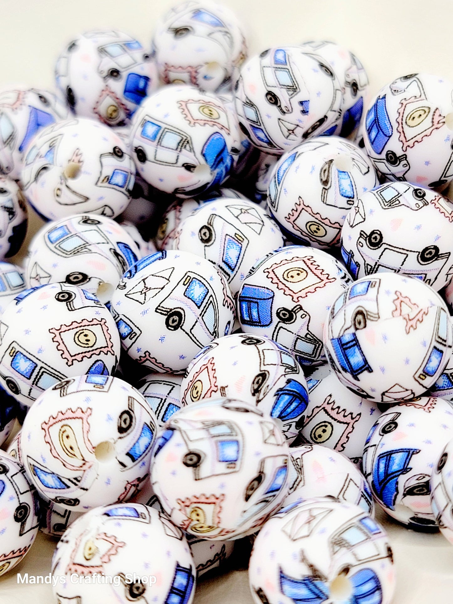 15mm Printed Blue Mail Truck Theme Silicone Beads – Postal Carrier Round Beads for Pens & Wristlets