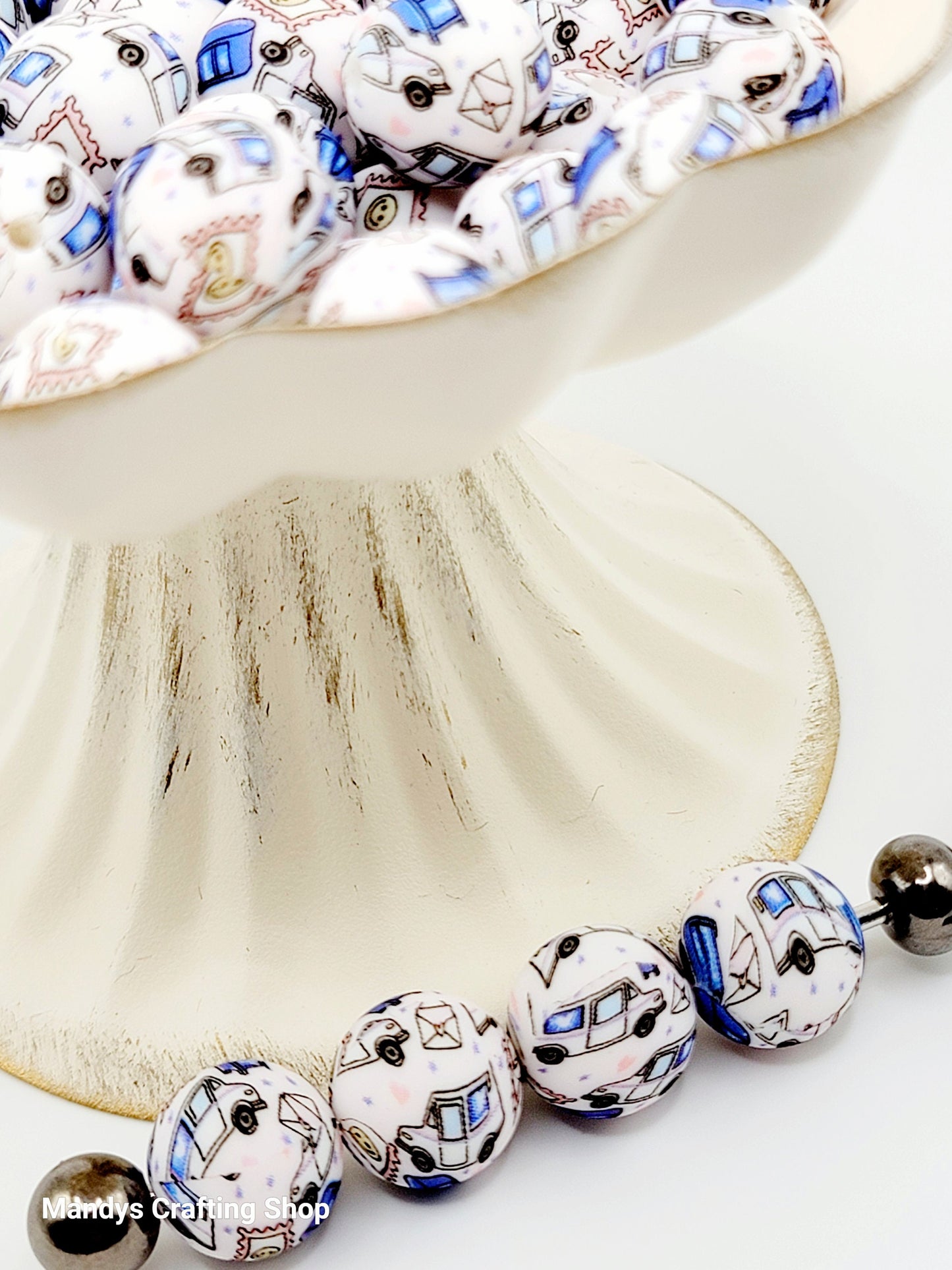 15mm Printed Blue Mail Truck Theme Silicone Beads – Postal Carrier Round Beads for Pens & Wristlets