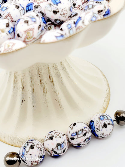 15mm Printed Blue Mail Truck Theme Silicone Beads – Postal Carrier Round Beads for Pens & Wristlets