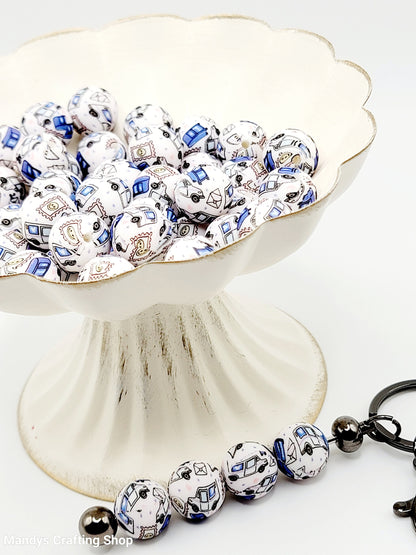 15mm Printed Blue Mail Truck Theme Silicone Beads – Postal Carrier Round Beads for Pens & Wristlets