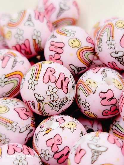 15mm Printed RN Nurse Beads (Pink) - Retro Nurse Medical Theme Silicone Round Spacer Bead for Pens & Wristlets