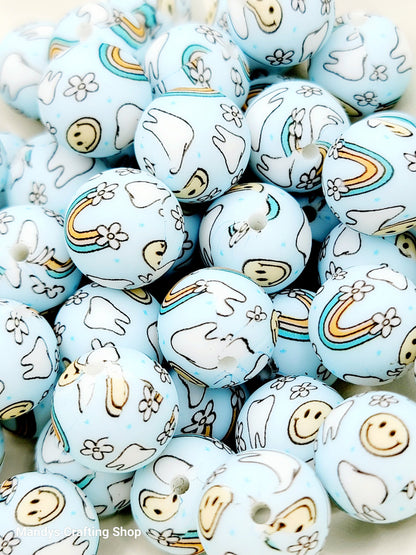 15mm Printed Dental Tooth Beads – Retro Dental Theme Silicone Round Spacer Beads for Pens & Wristlets