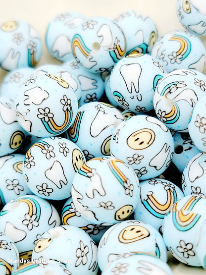 15mm Printed Dental Tooth Beads – Retro Dental Theme Silicone Round Spacer Beads for Pens & Wristlets