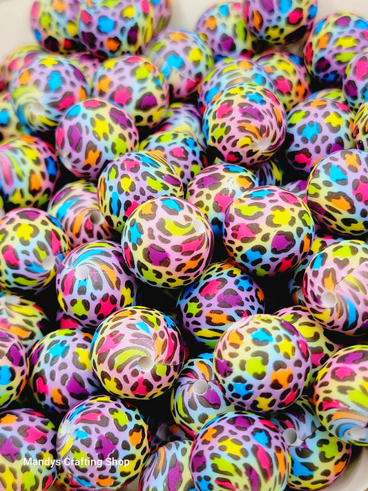 15mm Printed Rainbow Leopard Print Silicone Bead – Round Animal Beads for Pens & Wristlets