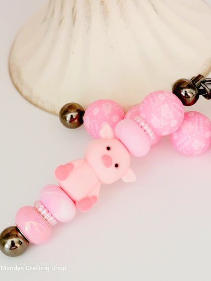 15mm Printed Pink Pig Silicone Bead – Round Farm Animal Spacer Beads for Pens & Wristlets